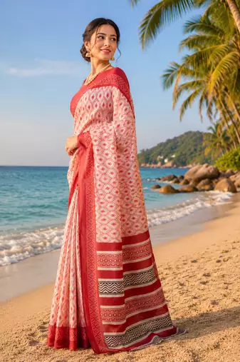 red off white printed chanderi cotton ready to wear saree with unstitched blouse