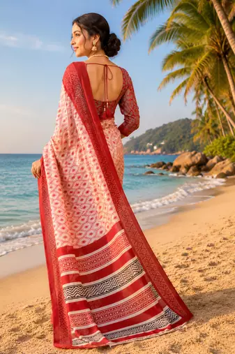 red off white printed chanderi cotton ready to wear saree with unstitched blouse