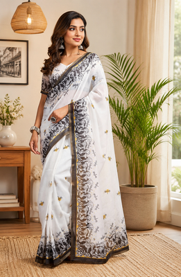 white printed chanderi cotton ready to wear saree with unstitched blouse 1
