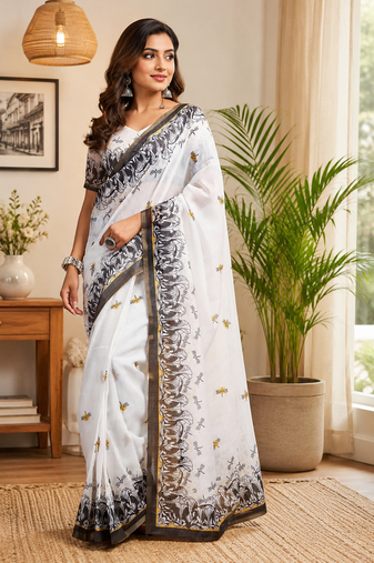 white printed chanderi cotton ready to wear saree with unstitched blouse
