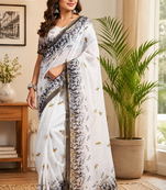 white printed chanderi cotton ready to wear saree with unstitched blouse