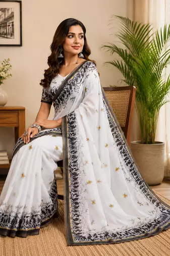 white printed chanderi cotton ready to wear saree with unstitched blouse
