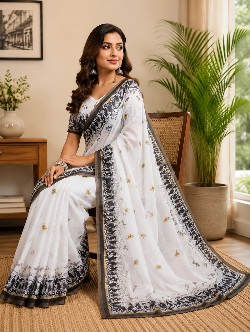 white printed chanderi cotton ready to wear saree with unstitched blouse