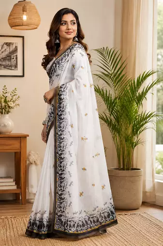 white printed chanderi cotton ready to wear saree with unstitched blouse