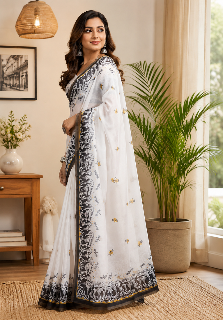 white printed chanderi cotton ready to wear saree with unstitched blouse