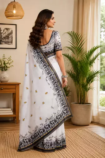 white printed chanderi cotton ready to wear saree with unstitched blouse