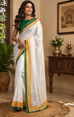 white printed chanderi cotton ready to wear saree with unstitched blouse 1
