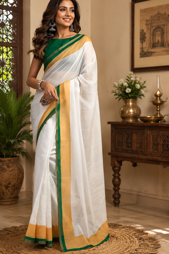 white printed chanderi cotton ready to wear saree with unstitched blouse