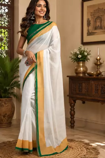white printed chanderi cotton ready to wear saree with unstitched blouse