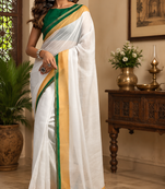 white printed chanderi cotton ready to wear saree with unstitched blouse