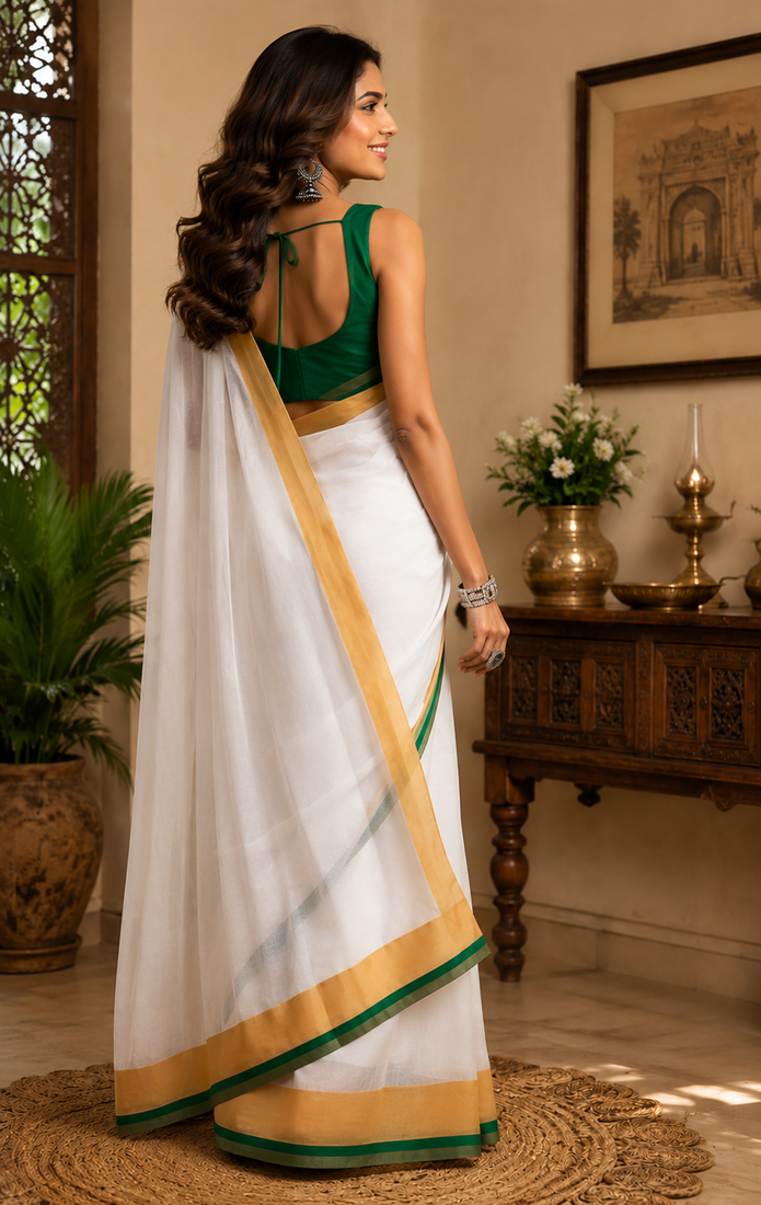 white printed chanderi cotton ready to wear saree with unstitched blouse