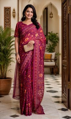 wine printed chanderi cotton ready to wear saree with unstitched blouse 1