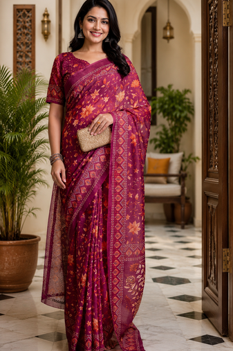 wine printed chanderi cotton ready to wear saree with unstitched blouse