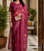 wine printed chanderi cotton ready to wear saree with unstitched blouse