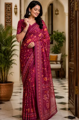 wine printed chanderi cotton ready to wear saree with unstitched blouse