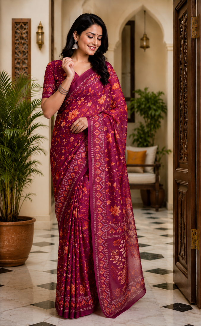 wine printed chanderi cotton ready to wear saree with unstitched blouse
