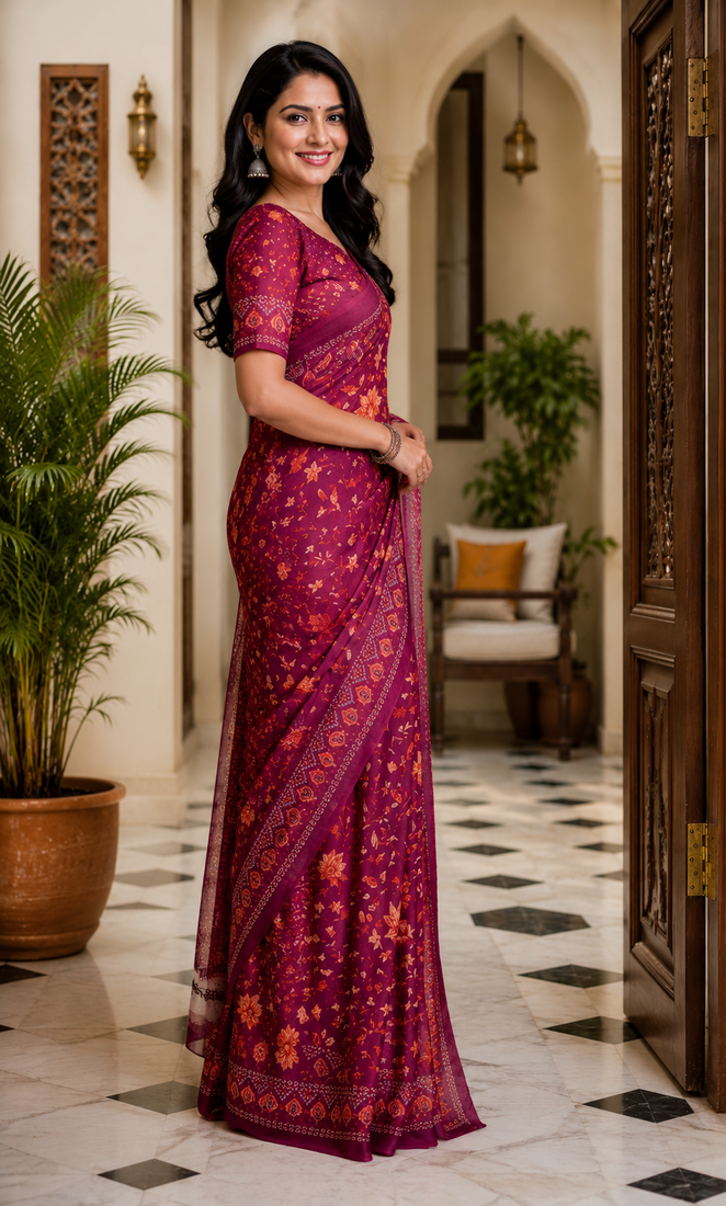 wine printed chanderi cotton ready to wear saree with unstitched blouse