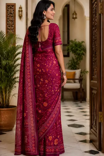 wine printed chanderi cotton ready to wear saree with unstitched blouse