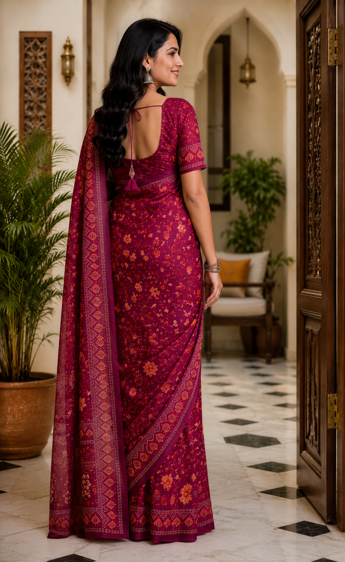 wine printed chanderi cotton ready to wear saree with unstitched blouse