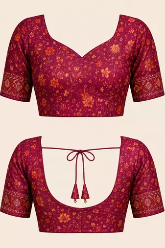 wine printed chanderi cotton ready to wear saree with unstitched blouse