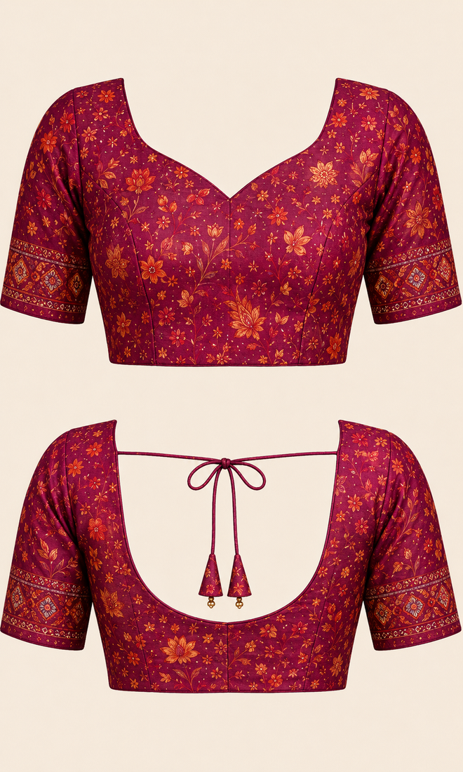 wine printed chanderi cotton ready to wear saree with unstitched blouse