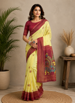 yellow printed chanderi cotton ready to wear saree with unstitched blouse 1