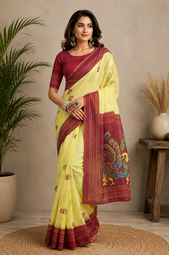 yellow printed chanderi cotton ready to wear saree with unstitched blouse