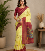 yellow printed chanderi cotton ready to wear saree with unstitched blouse