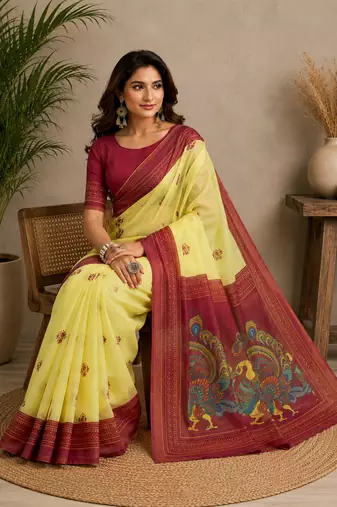 yellow printed chanderi cotton ready to wear saree with unstitched blouse