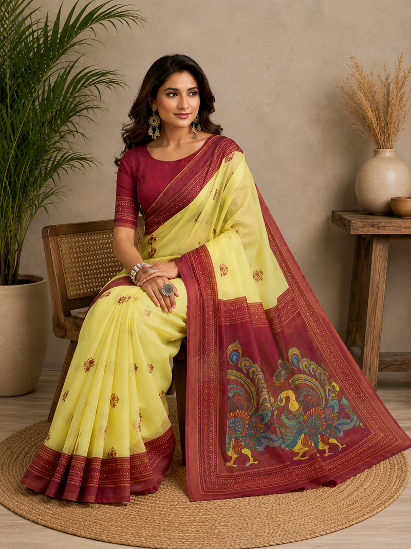 yellow printed chanderi cotton ready to wear saree with unstitched blouse