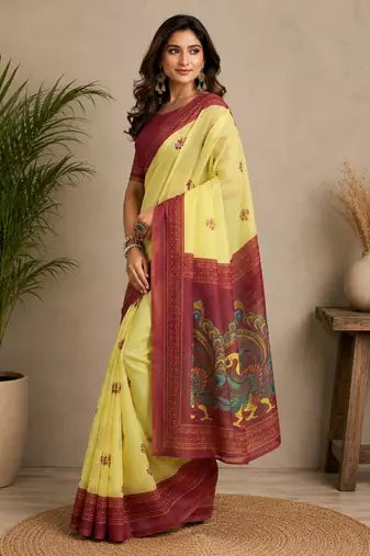 yellow printed chanderi cotton ready to wear saree with unstitched blouse