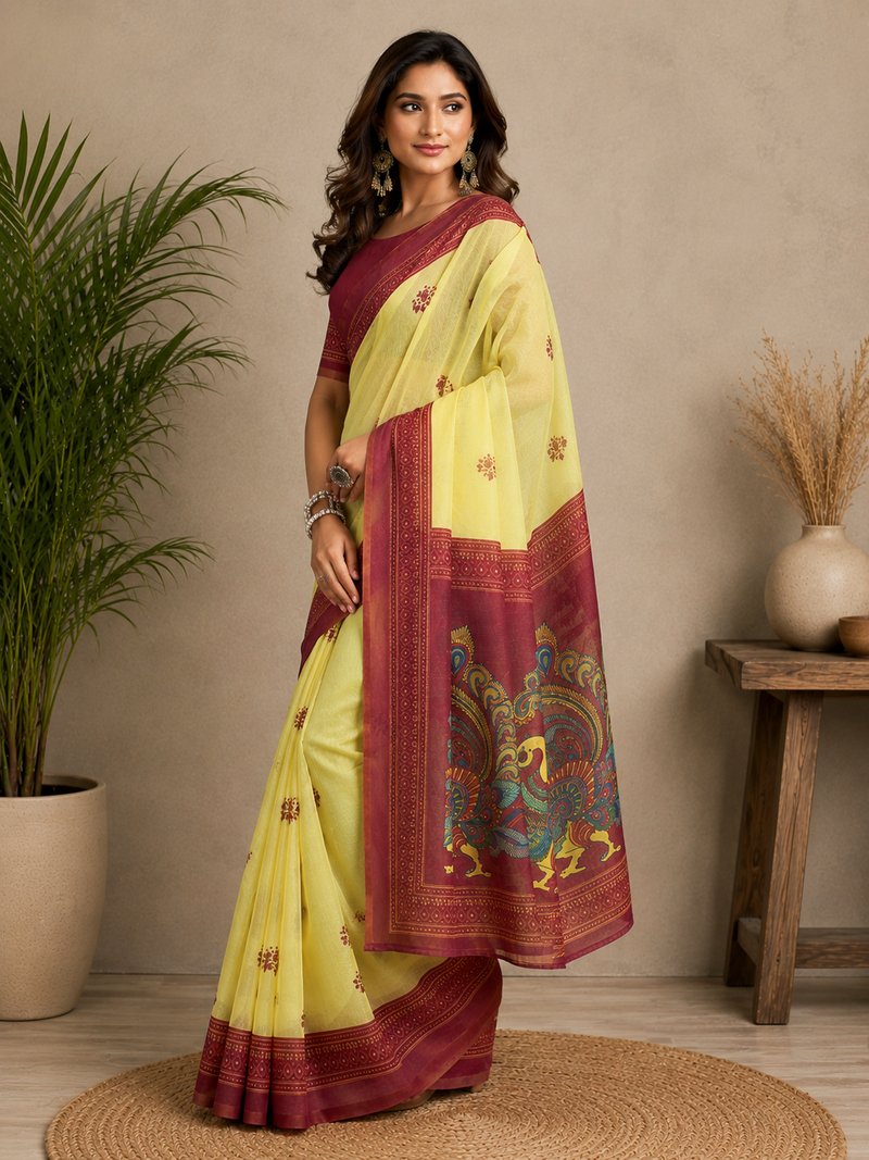 yellow printed chanderi cotton ready to wear saree with unstitched blouse