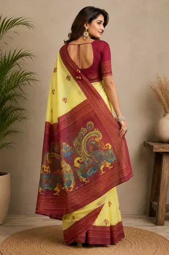 yellow printed chanderi cotton ready to wear saree with unstitched blouse