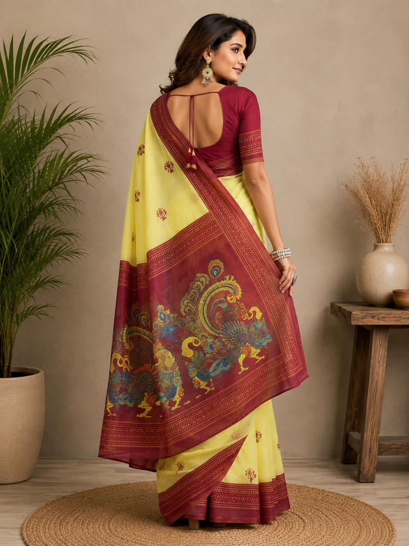 yellow printed chanderi cotton ready to wear saree with unstitched blouse