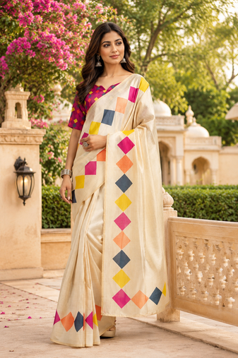 beige printed chanderi cotton ready to wear saree with unstitched blouse