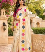 beige printed chanderi cotton ready to wear saree with unstitched blouse