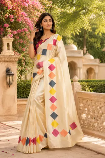 beige printed chanderi cotton ready to wear saree with unstitched blouse