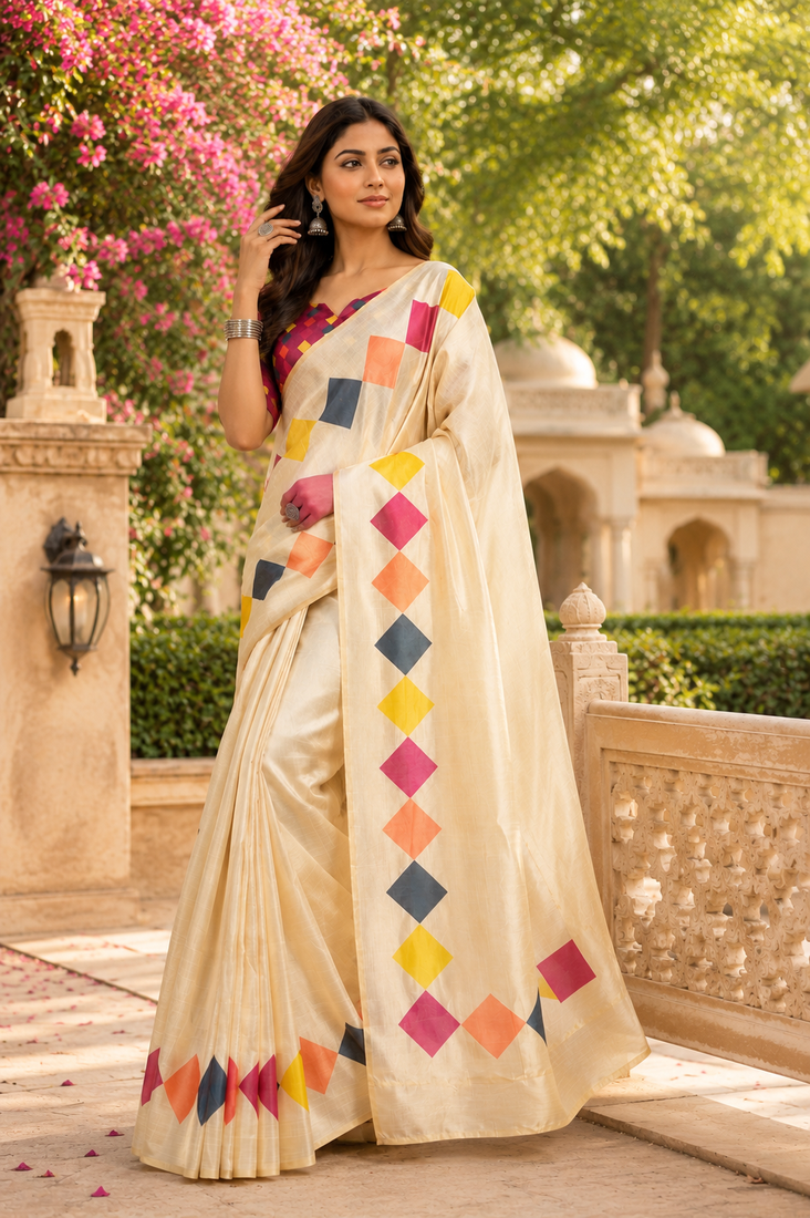 beige printed chanderi cotton ready to wear saree with unstitched blouse