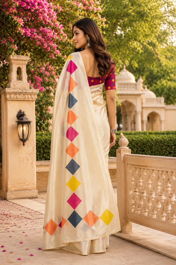 beige printed chanderi cotton ready to wear saree with unstitched blouse