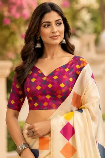 beige printed chanderi cotton ready to wear saree with unstitched blouse