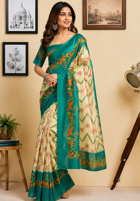 beige teal green printed chanderi cotton ready to wear saree with unstitched blouse 1