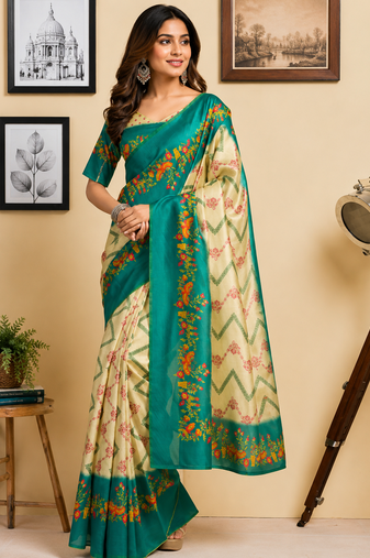 beige teal green printed chanderi cotton ready to wear saree with unstitched blouse