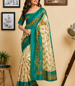 beige teal green printed chanderi cotton ready to wear saree with unstitched blouse