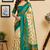 beige teal green printed chanderi cotton ready to wear saree with unstitched blouse