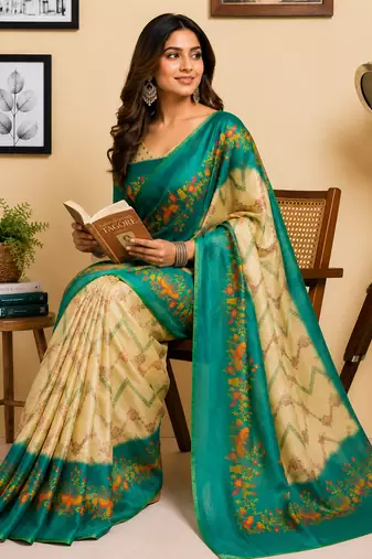 beige teal green printed chanderi cotton ready to wear saree with unstitched blouse