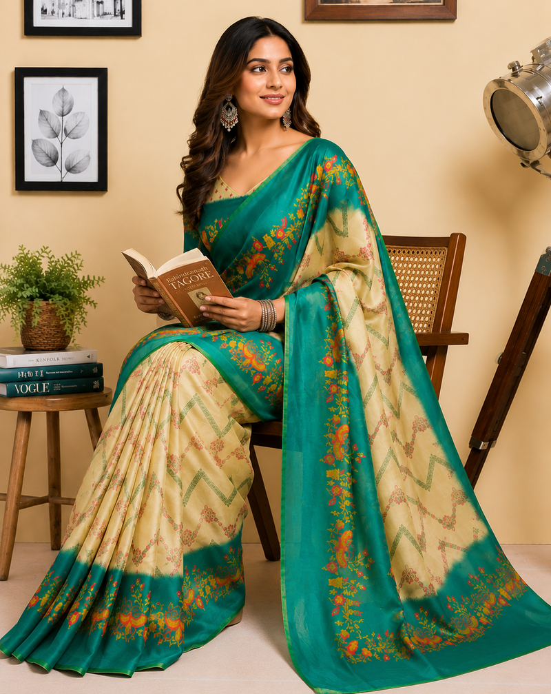 beige teal green printed chanderi cotton ready to wear saree with unstitched blouse