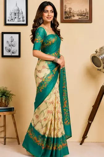 beige teal green printed chanderi cotton ready to wear saree with unstitched blouse