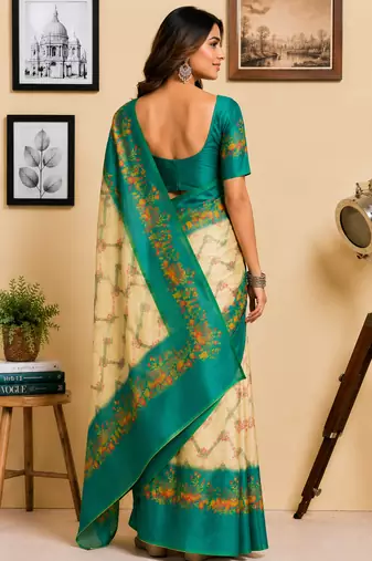 beige teal green printed chanderi cotton ready to wear saree with unstitched blouse