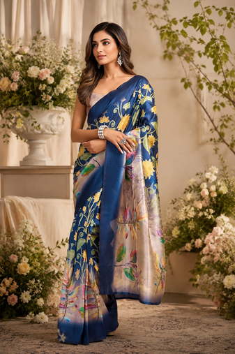 blue printed chanderi cotton ready to wear saree with unstitched blouse