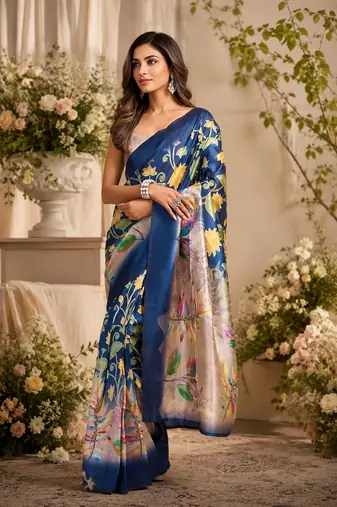blue printed chanderi cotton ready to wear saree with unstitched blouse